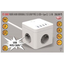 CATA RUBİK AKIM KORUMALI 3 LÜ GURUP PİRİZ 3 USB + TYPE-C 1.5 METRE KABLOLU CATA RUBİK AKIM KORUMALI 3 LÜ GURUP PİRİZ 3 USB + TYPE-C 1.5 METRE KABLOLU